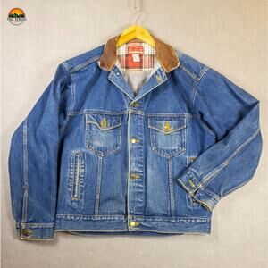Marlboro Country Store Denim Jacket Blue Long Sleeve Leather Collar Men's Large